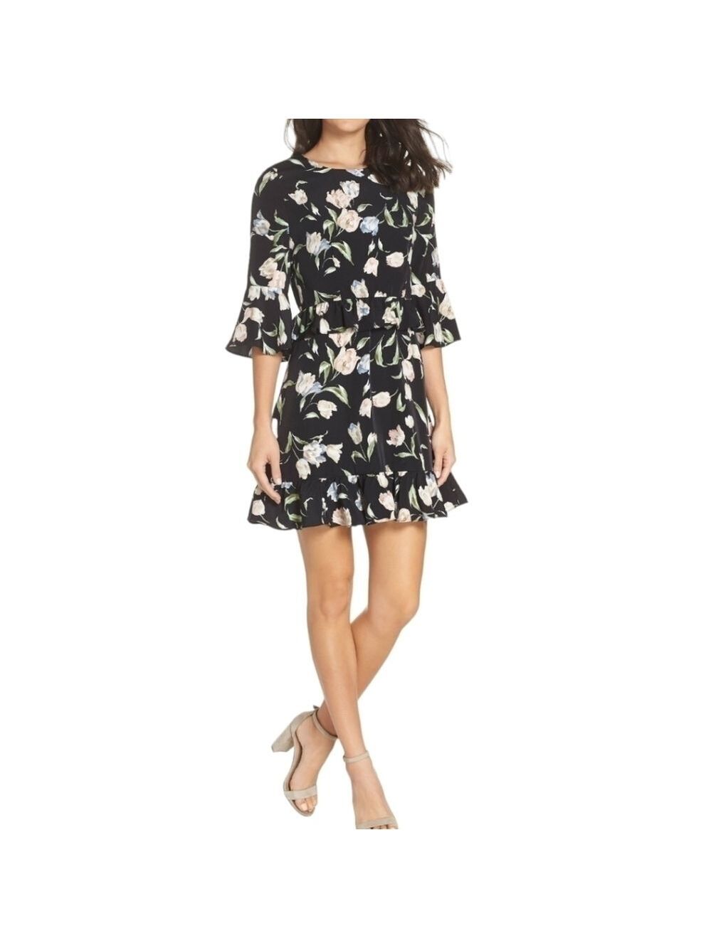 Avec Les Filles Floral Bell Sleeve Dress